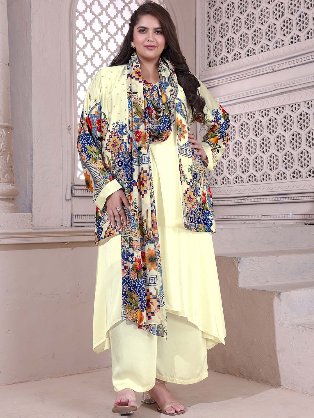 

POSHAAK BY RADHEE MANGUKIYA Plus Size Floral Printed Kurta with Trousers & With Dupatta, Cream