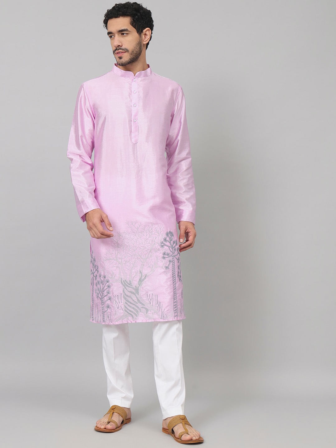 

HILO DESIGN Floral Embroidered Mandarin Collar Cotton Silk Straight Kurta, Lavender