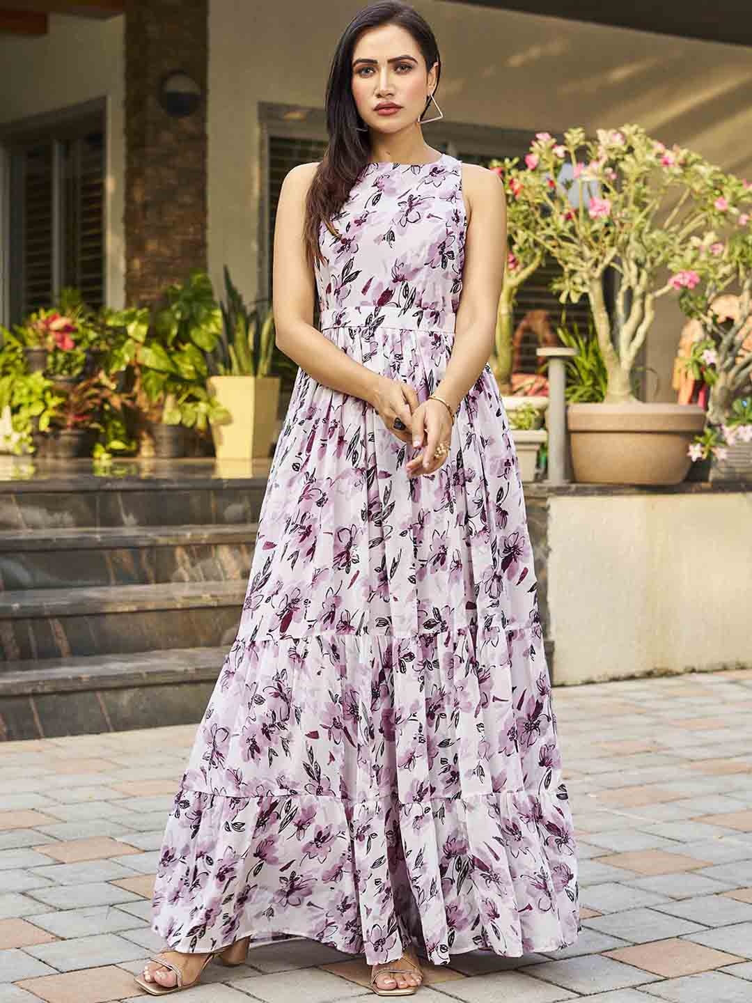 

CHANSI floral Printed Sleeveless Gown Maxi Ethnic Dress, Purple