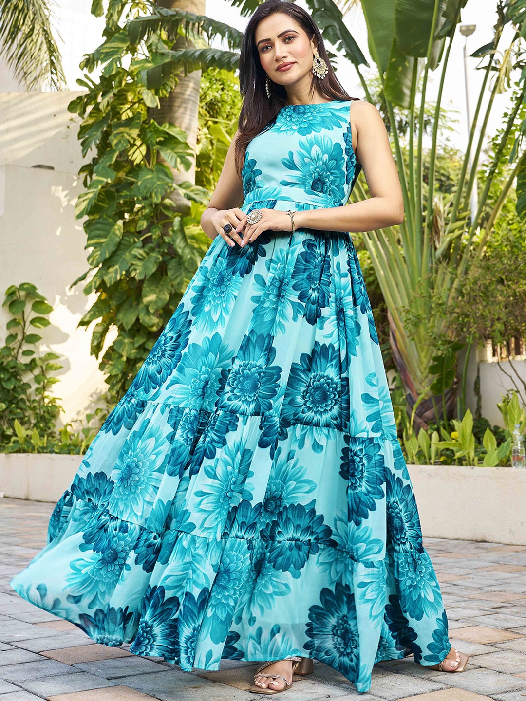 

CHANSI Floral Printed Sleeveless Georgette Belted Maxi Dress, Turquoise blue