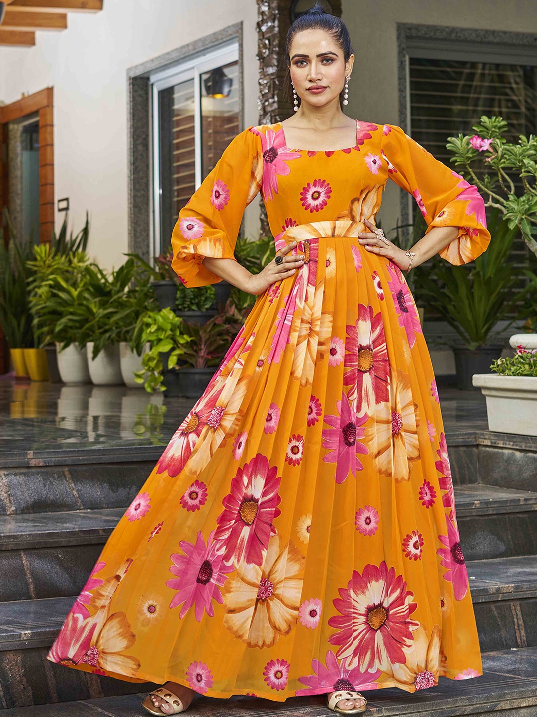 

CHANSI Floral Printed Puff Sleeves Georgette Belted Maxi Dress, Mustard