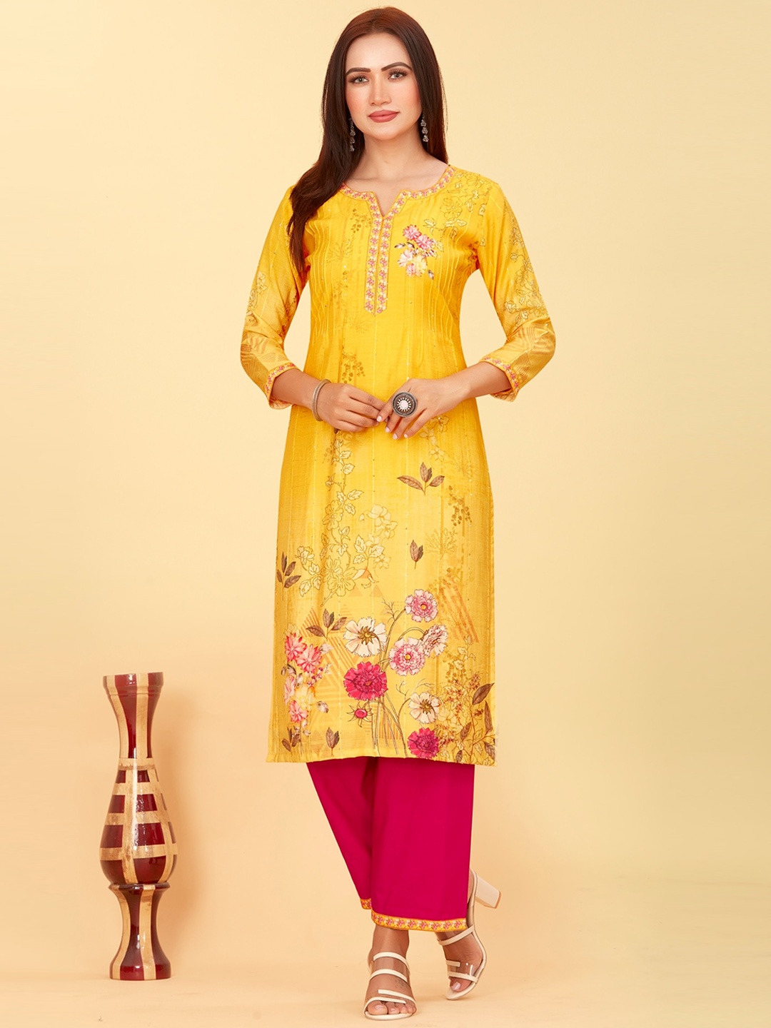 

CHANSI Floral Printed Straight Chanderi Silk Top & Trousers With Dupatta, Yellow