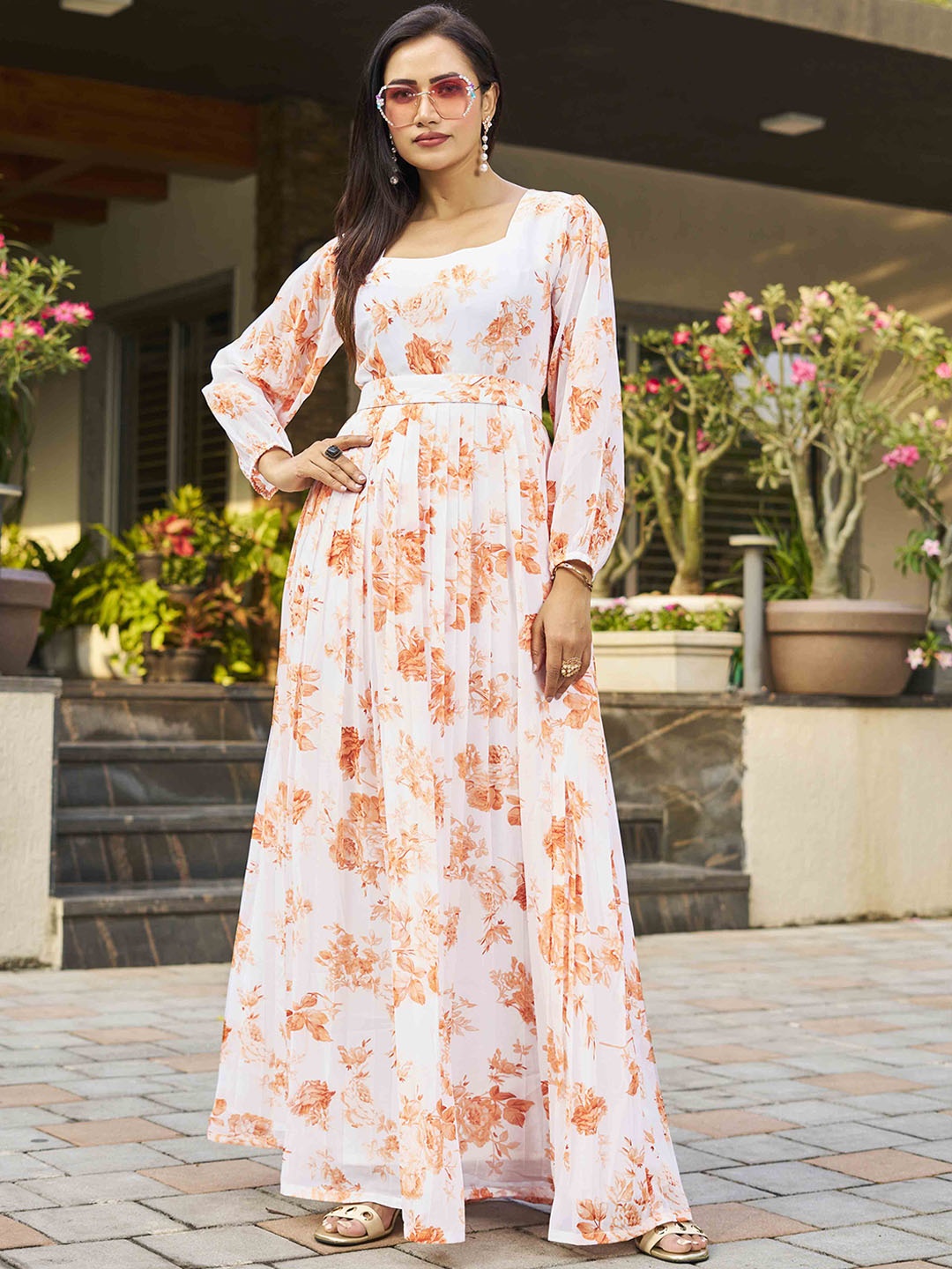 

CHANSI Floral Printed Puff Sleeves Georgette Belted Maxi Dress, White