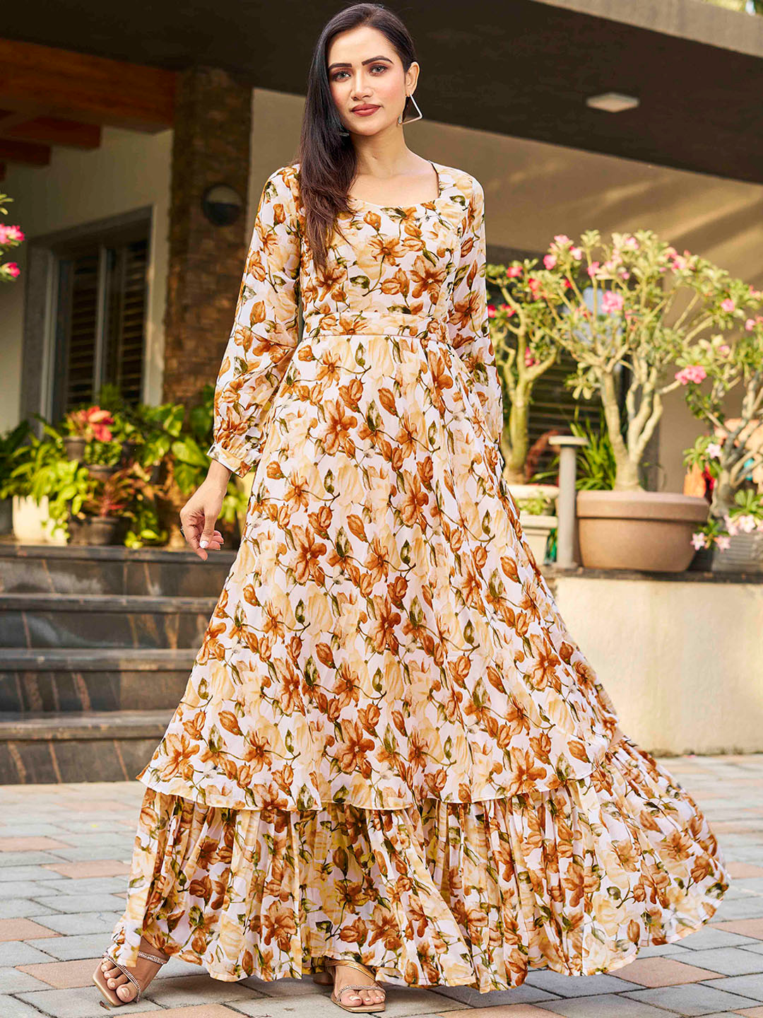 

CHANSI Floral Printed Layered Gown Maxi Ethnic Dress, Beige