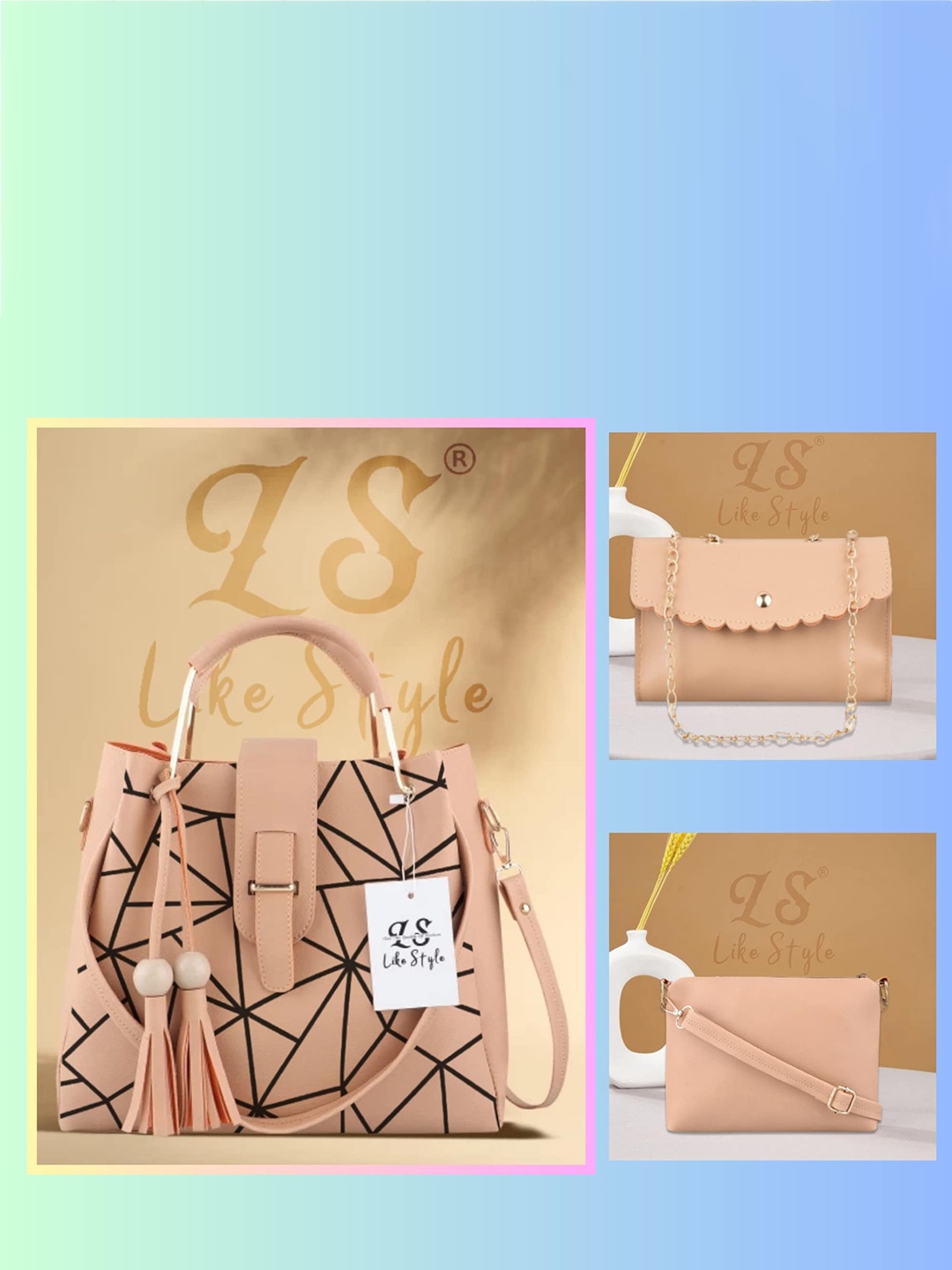 

LIKE STYLE Set Of 3 Geometric Printed Structured Shoulder Bags, Beige
