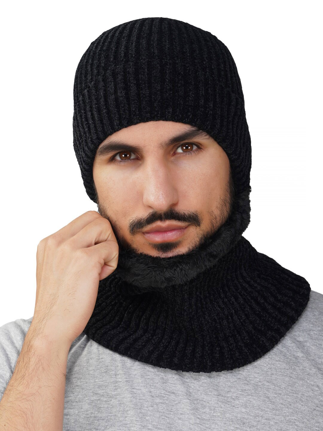 

iSWEVEN Self Design Woollen Beanie Cap with Neck Warmer, Black