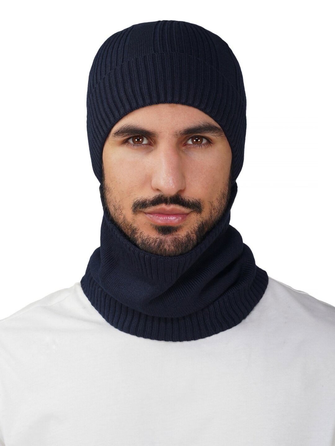 

iSWEVEN Self Design Woollen Beanie Caps with Neck Warmer, Navy blue