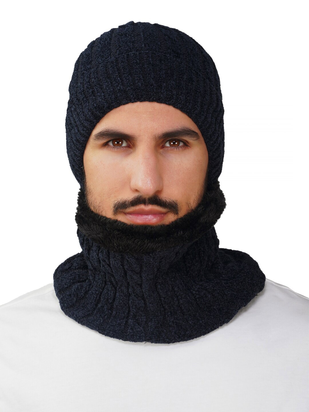 

iSWEVEN Self Design Woollen Beanie Caps with Neck Warmer, Navy blue