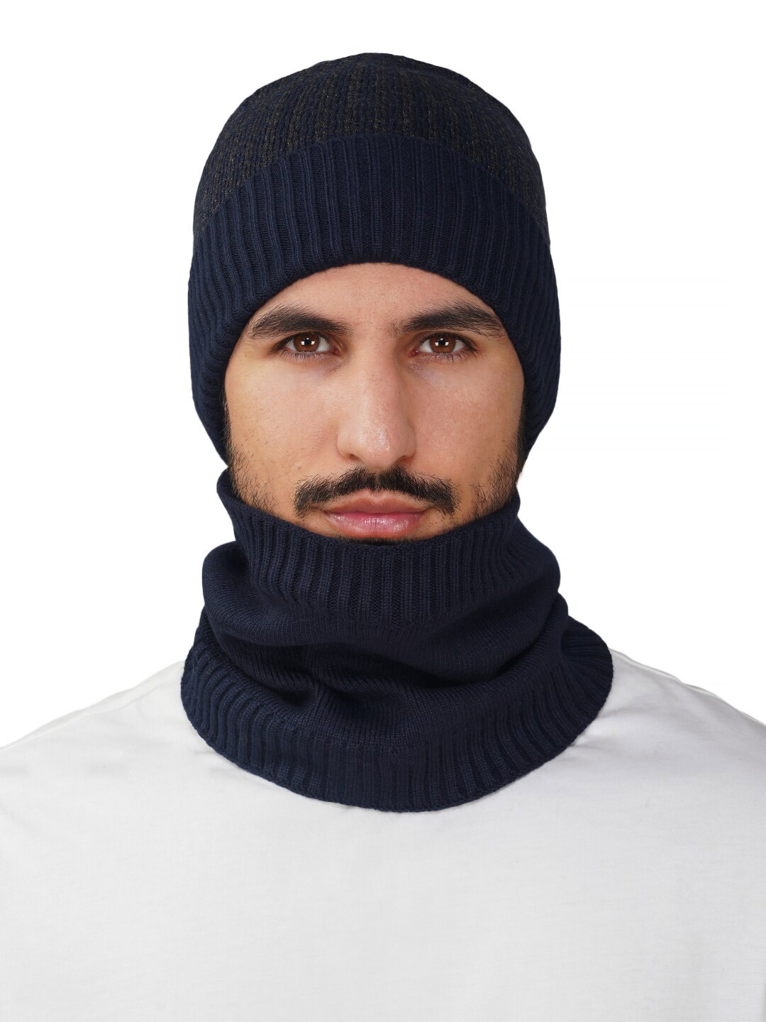 

iSWEVEN Self Design Woollen Beanie Caps with Neck Warmer, Navy blue