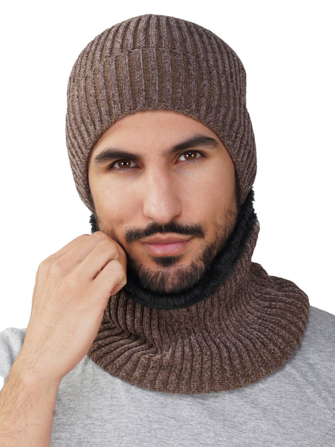 

iSWEVEN Unisex Self Design Woolen Beanie Cap With Neck Warmer, Brown