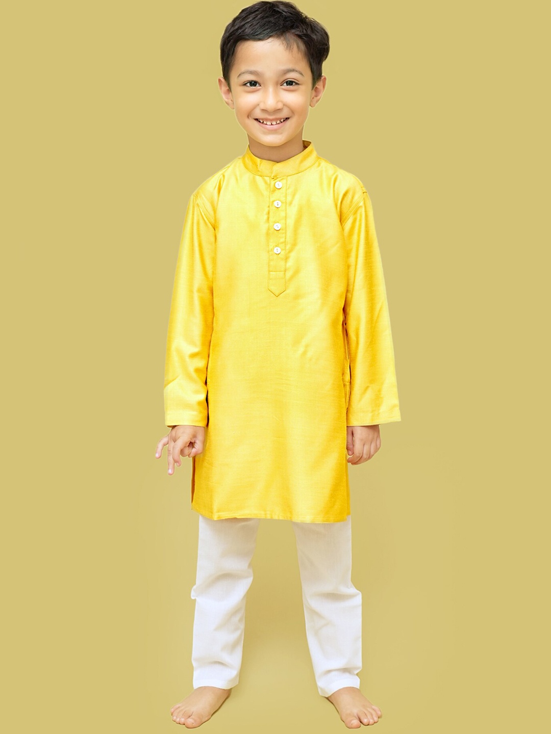 

Klephant Boys Mandarin Collar Long Sleeves Pure Silk Straight Kurta, Yellow
