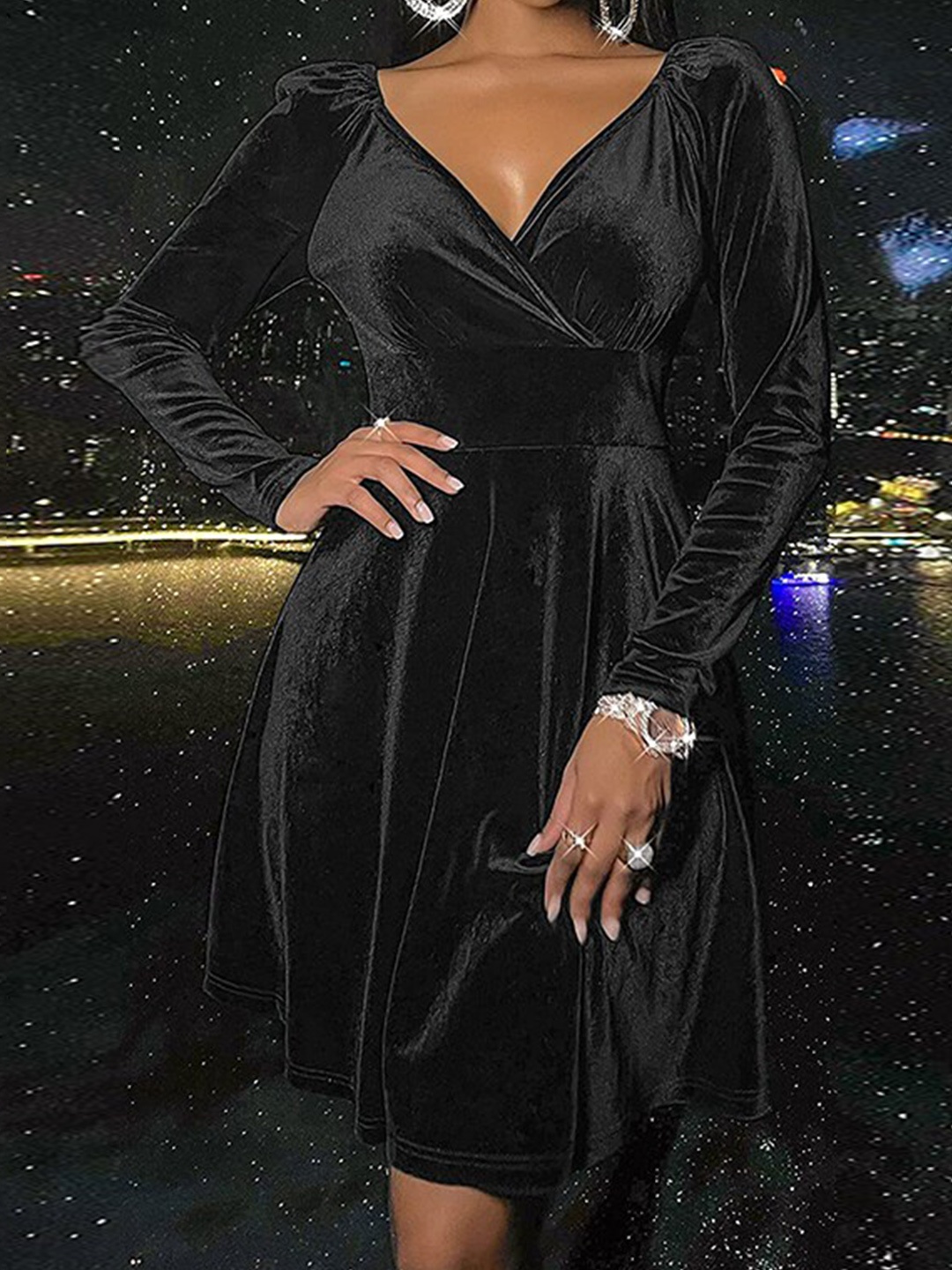 

StyleCast Black V-Neck Puff Sleeves Fit & Flare Mini Dress