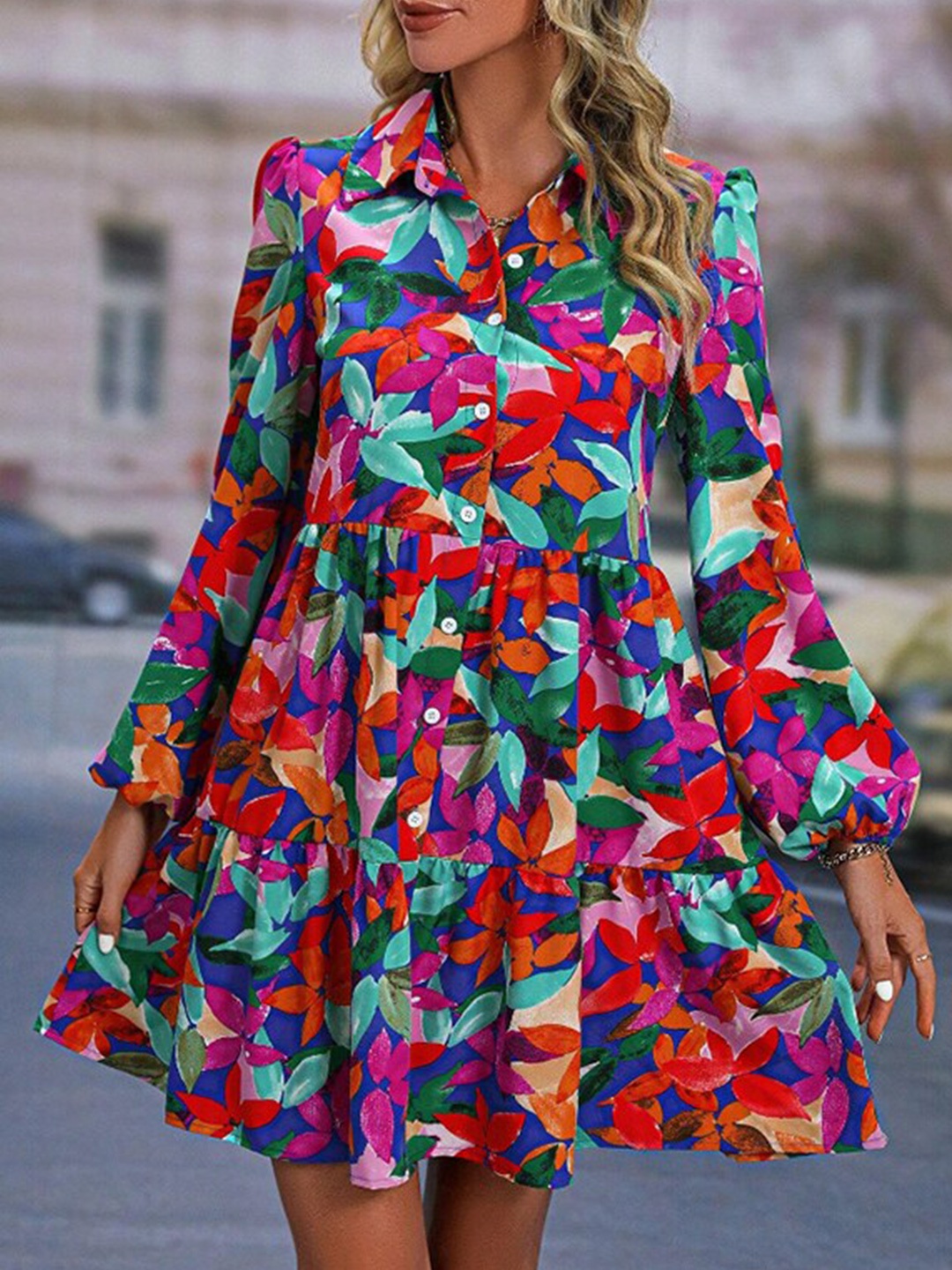 

StyleCast Red & Green Floral Printed Puff Sleeves Gathered Tiered Shirt Dress