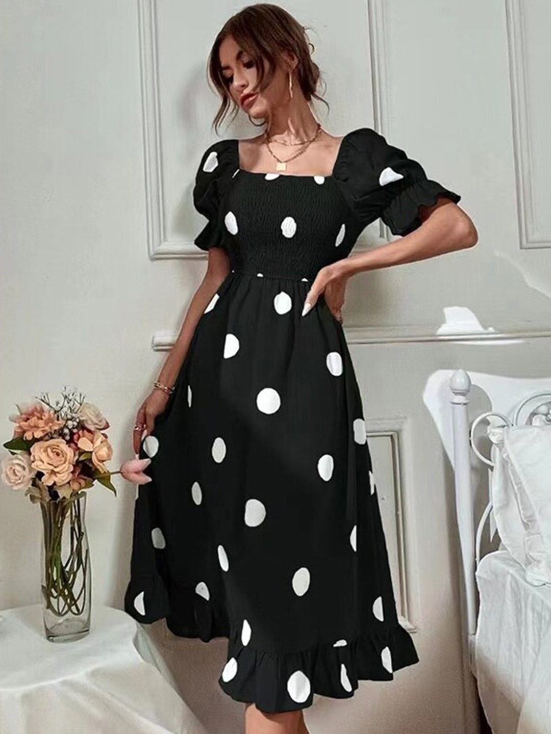 

StyleCast Black Polka Dot Printed Off Shoulder Smocked Fit & Flare Midi Dress