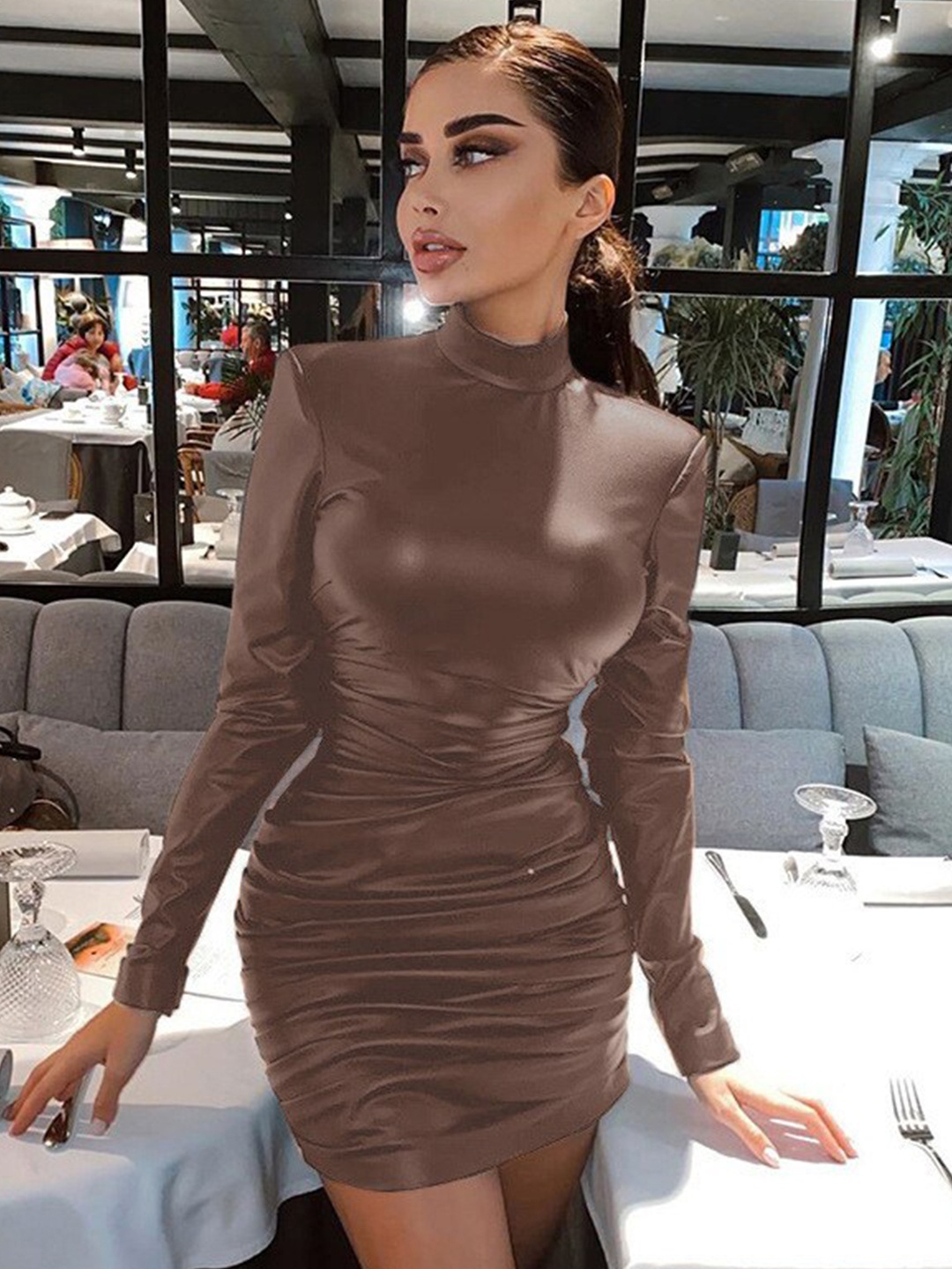 

StyleCast Brown High Neck Gathered Bodycon Mini Dress