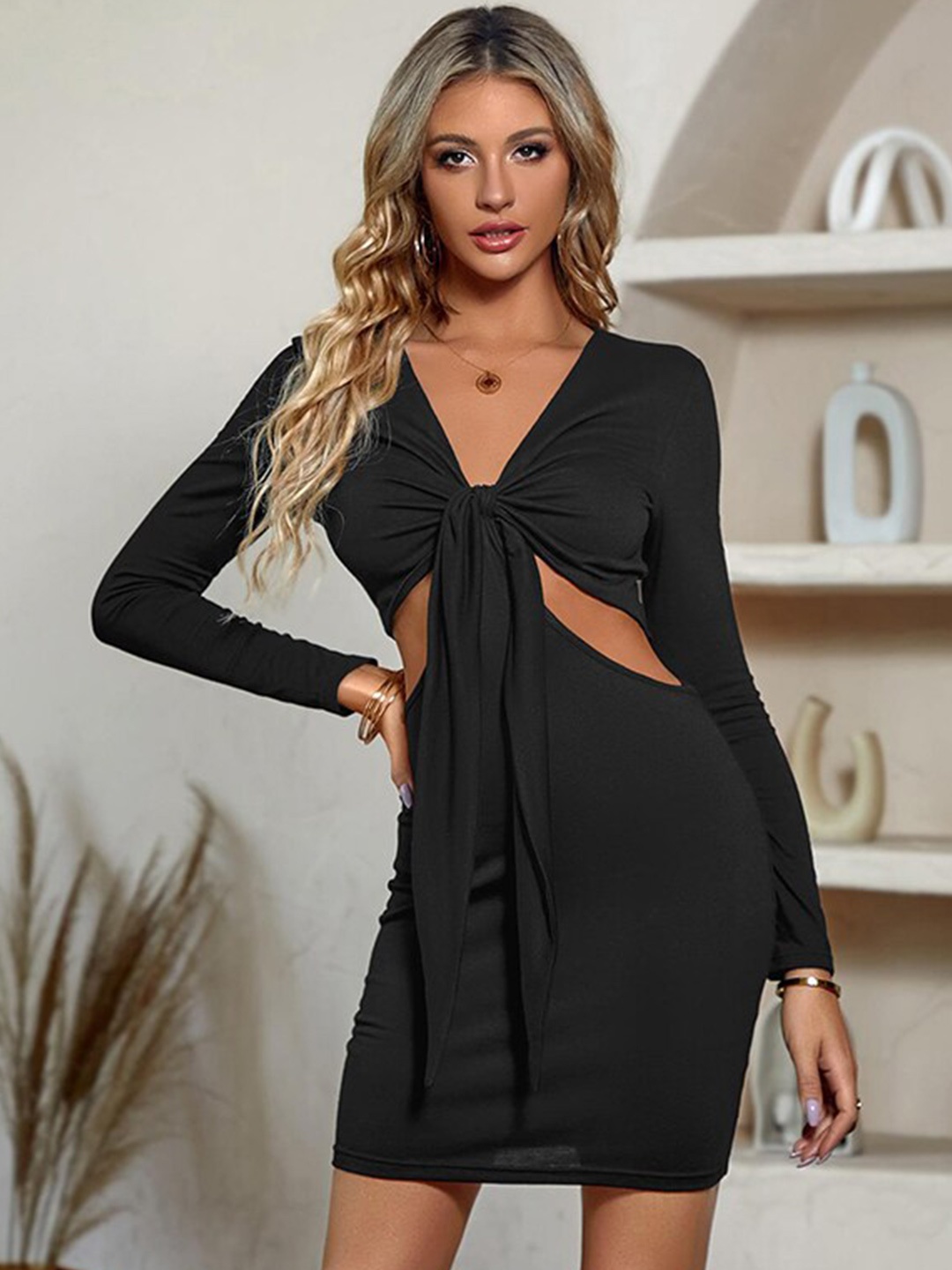 

StyleCast Tie-Up Neck Cut Out Bodycon Mini Dress, Black