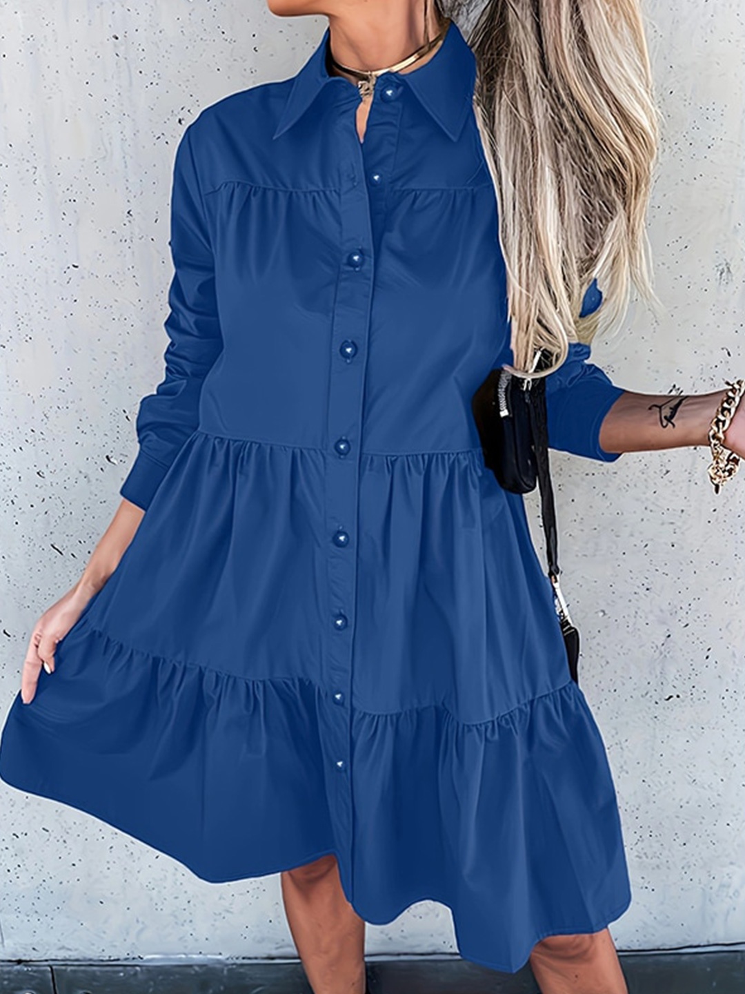 

StyleCast Blue Cuffed Sleeves Tiered Shirt Dress