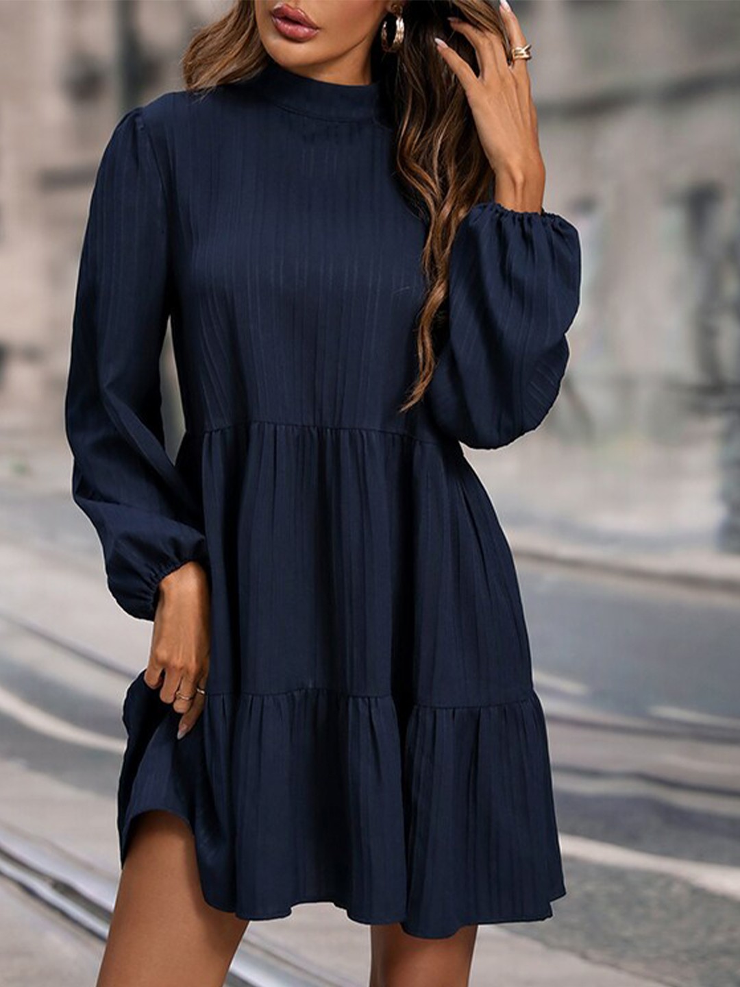

StyleCast Navy Blue Striped Bishop Sleeve A-Line Dress
