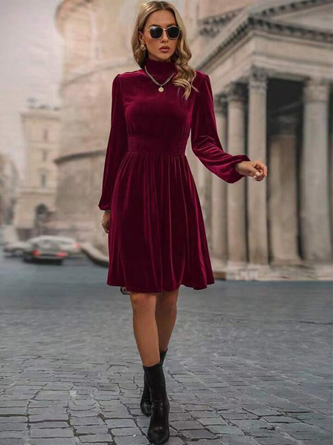 

StyleCast Maroon High Neck Puff Sleeves A-Line Midi Dress