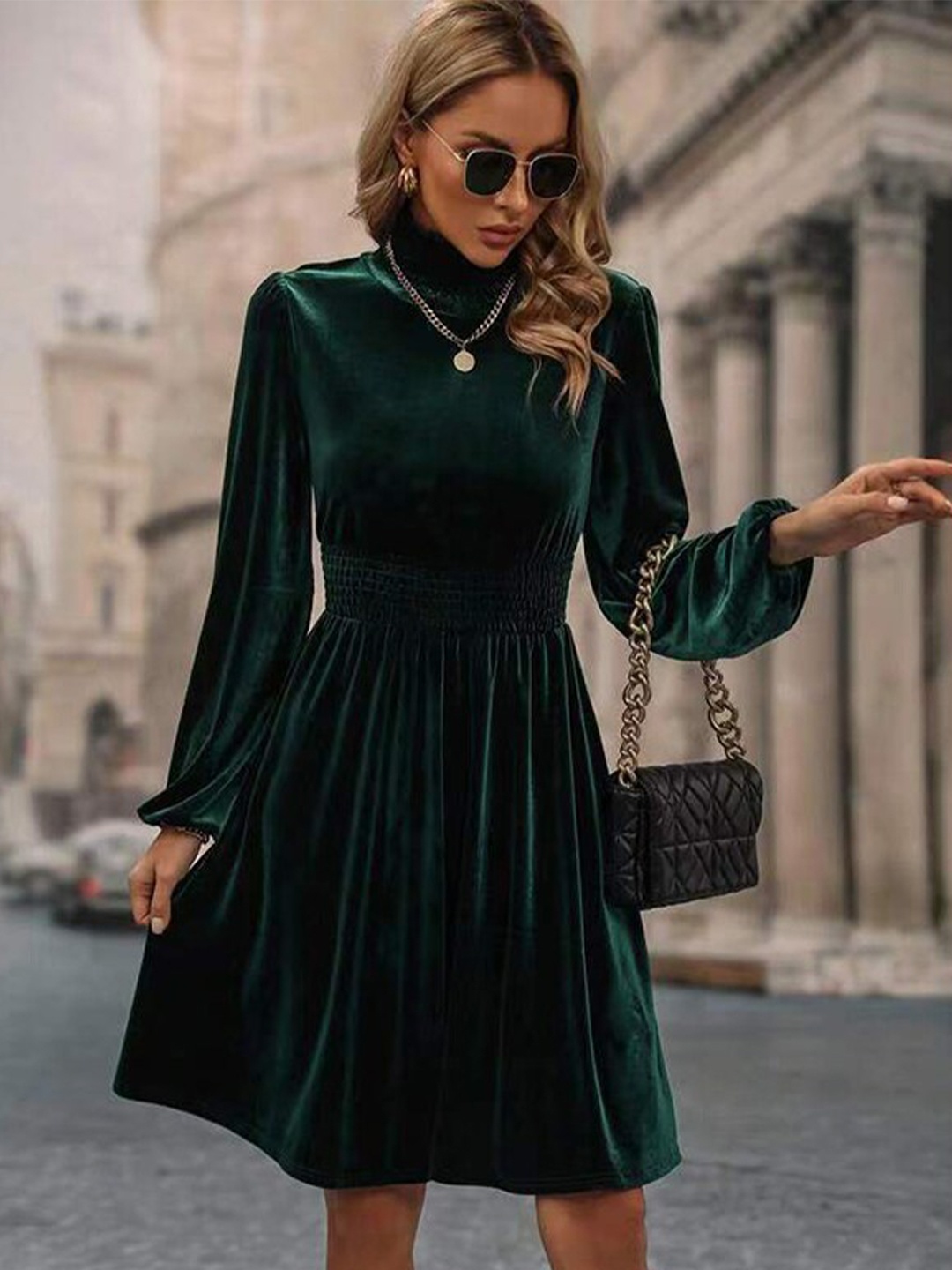 

StyleCast Green Puff Sleeve A Line Dress