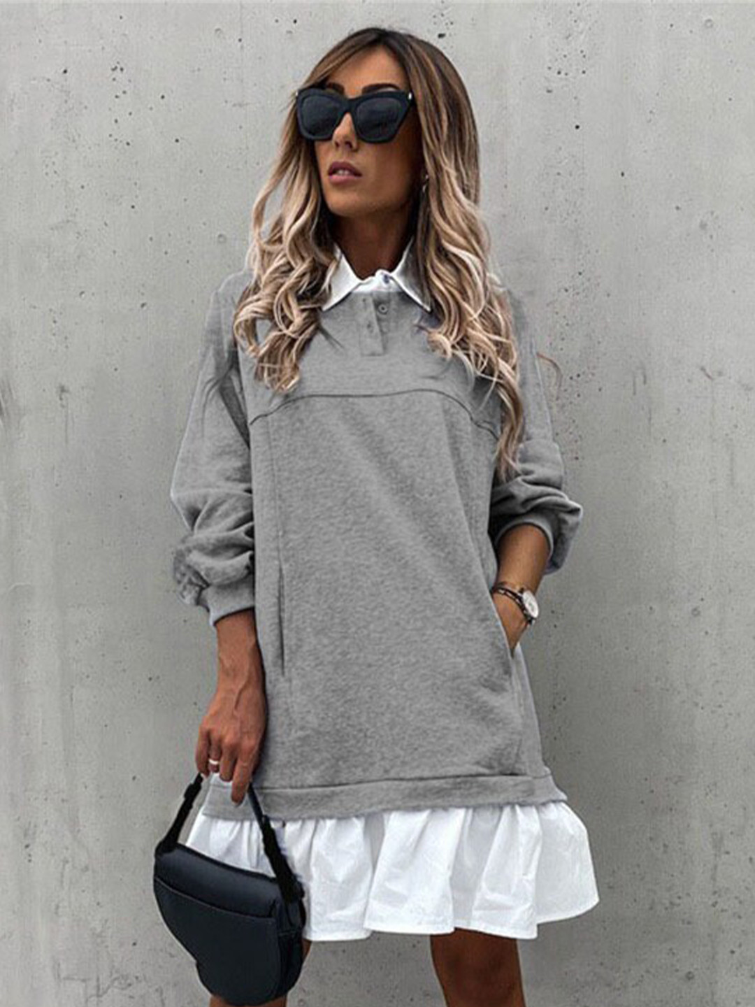 

StyleCast Grey Shirt Collar Long Sleeves A-Line Dress