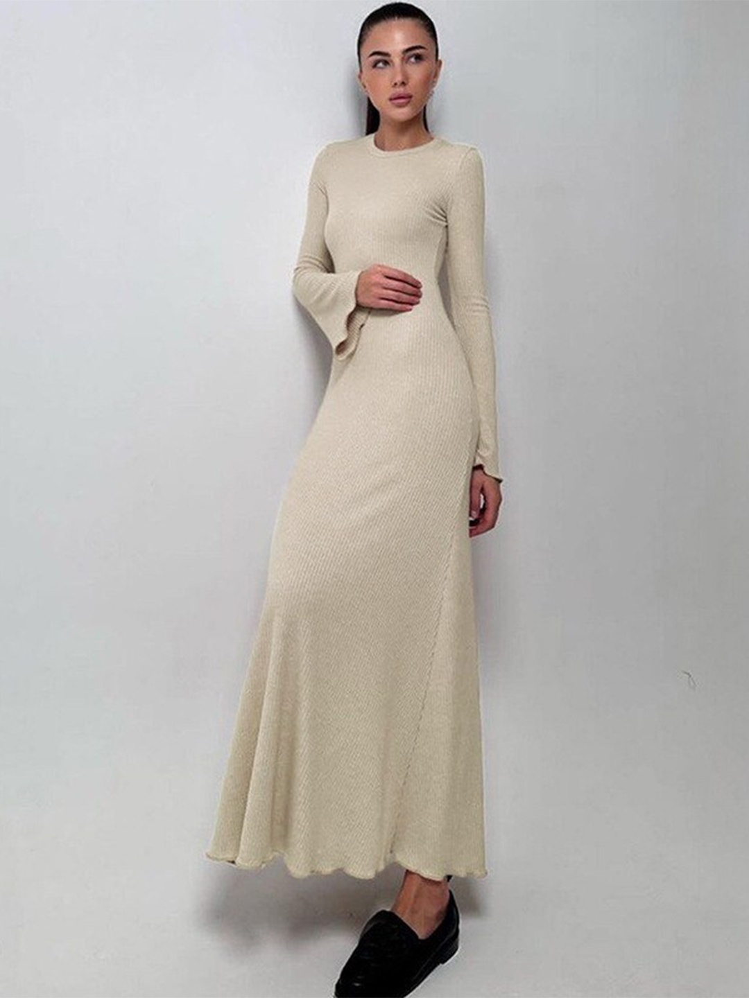 

StyleCast Beige Round Neck Bell Sleeves A-Line Maxi Dress