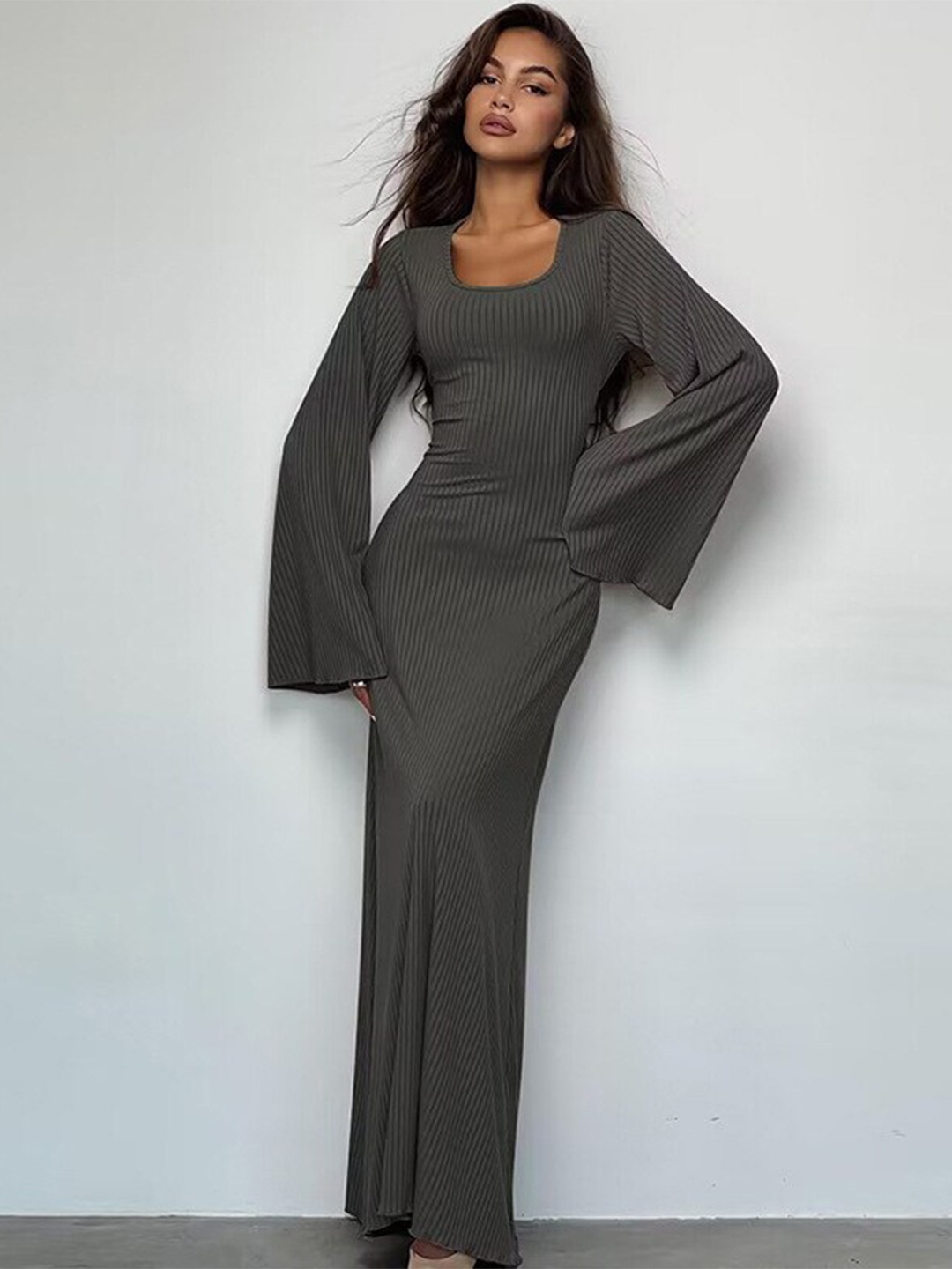

StyleCast Grey Striped Bell Sleeve Maxi Dress