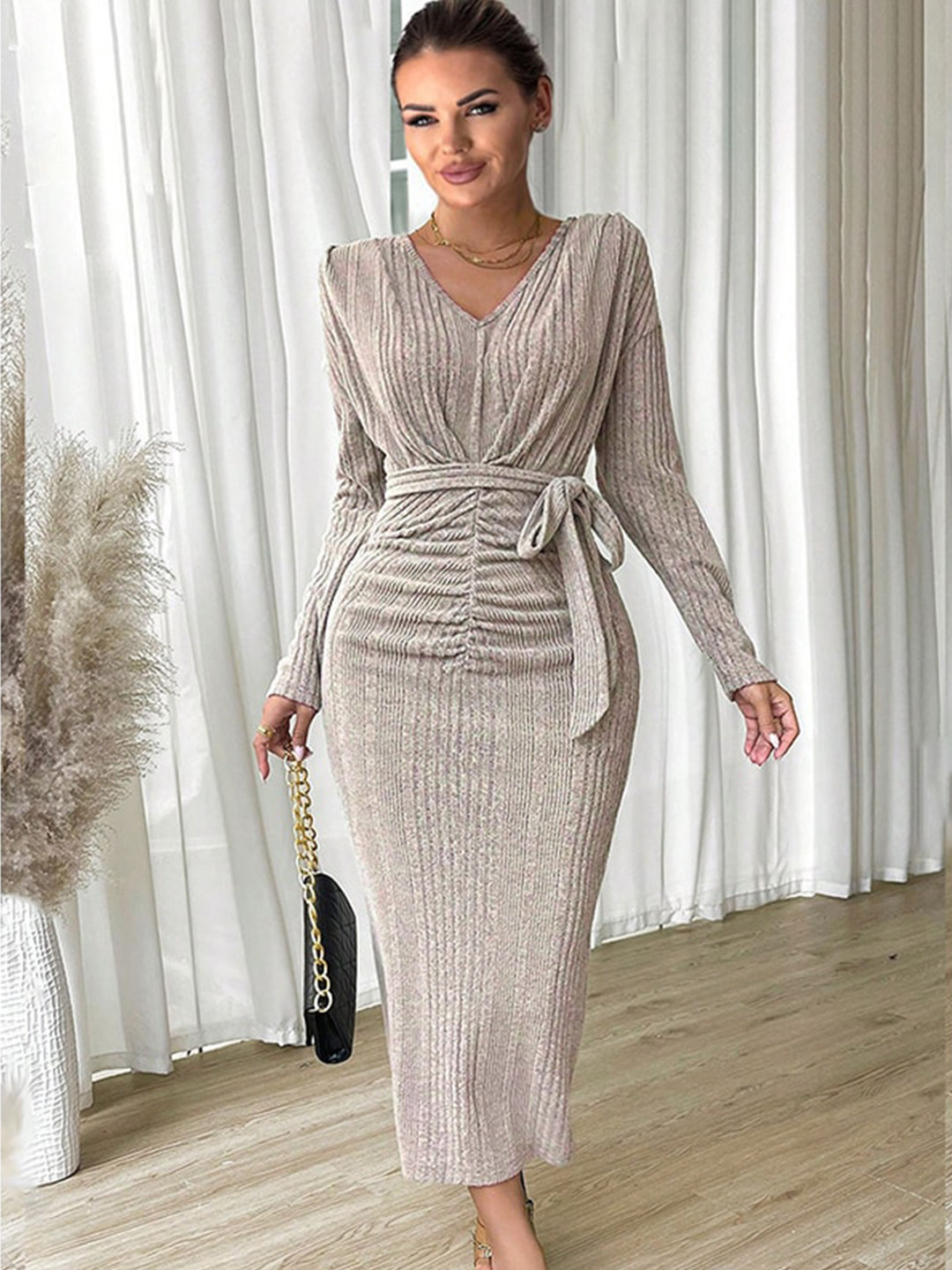 

StyleCast Beige Striped Ruched Bodycon Mini Dress With Belt