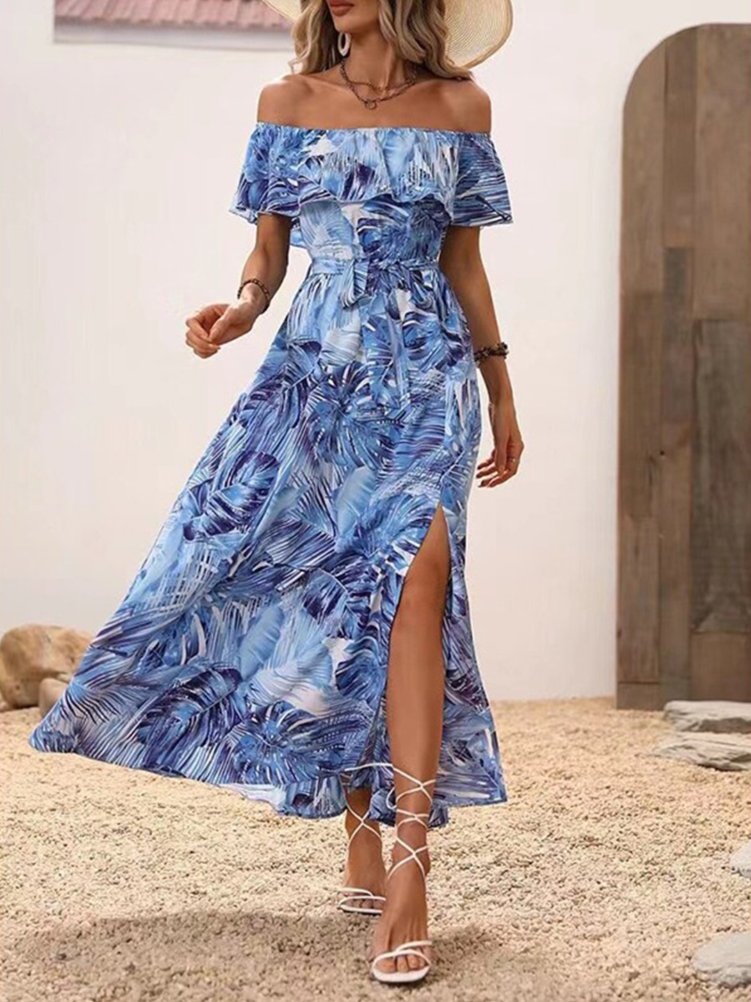 

StyleCast Blue Floral Print Off-Shoulder Maxi Dress