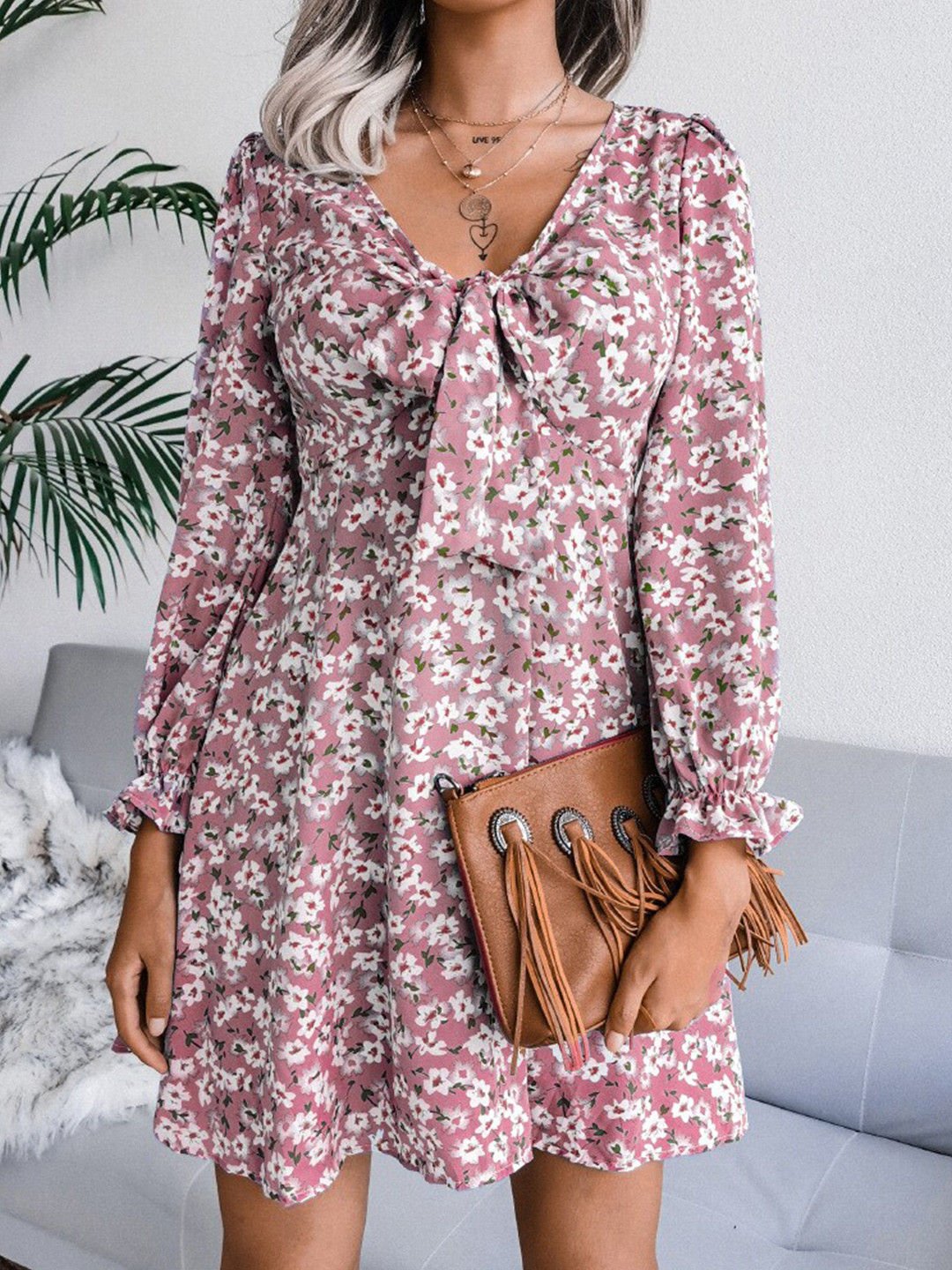 

StyleCast Pink Floral Printed Tie-Up Neck A-Line Mini Dress
