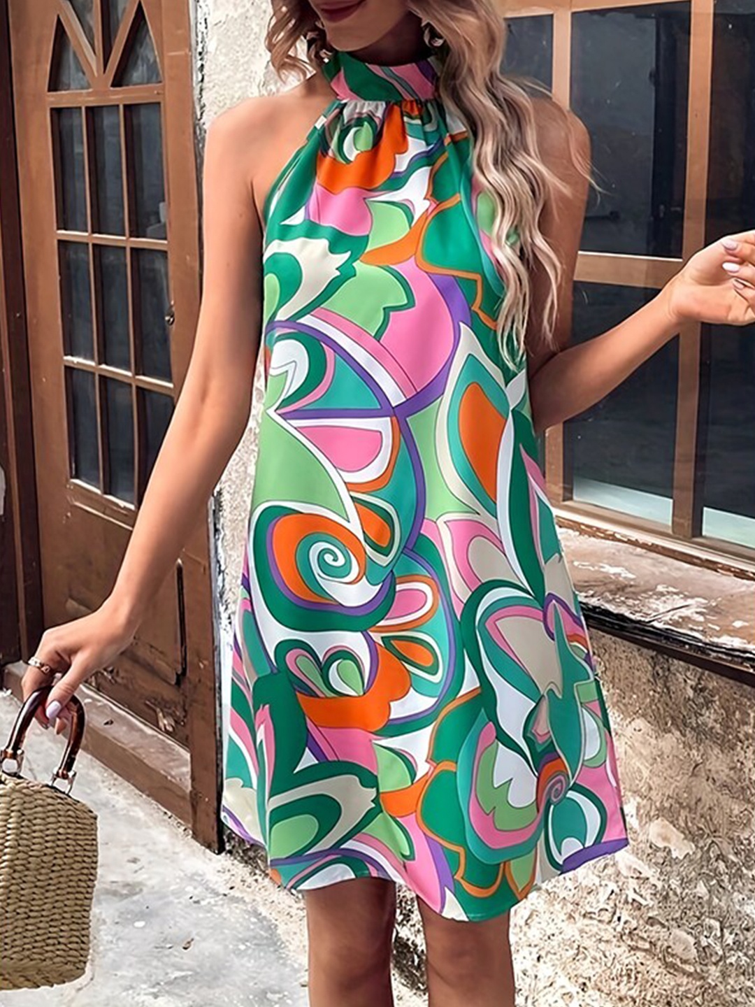

StyleCast Green Abstract Printed Halter Neck A-Line Mini Dress