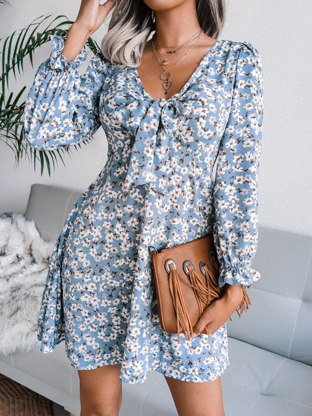 

StyleCast Blue Floral Printed Tie-Up Neck Puff Sleeves A-Line Mini Dress