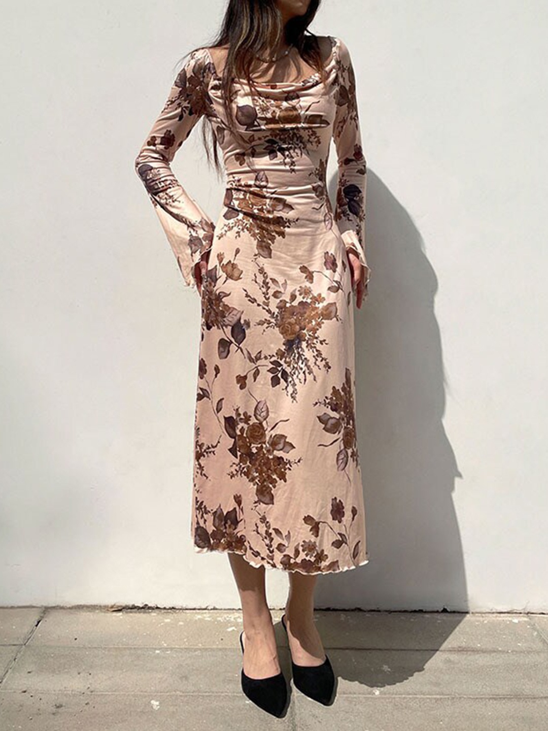 

StyleCast Beige Floral Print Cowl Neck A-Line Midi Dress