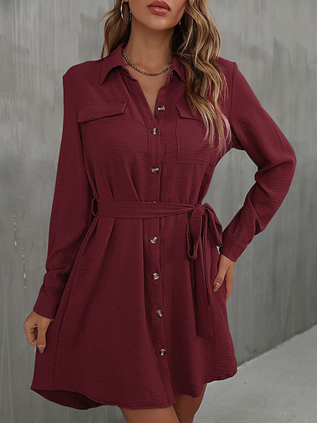 

StyleCast Maroon Waist Tie-Up Shirt Mini Dress