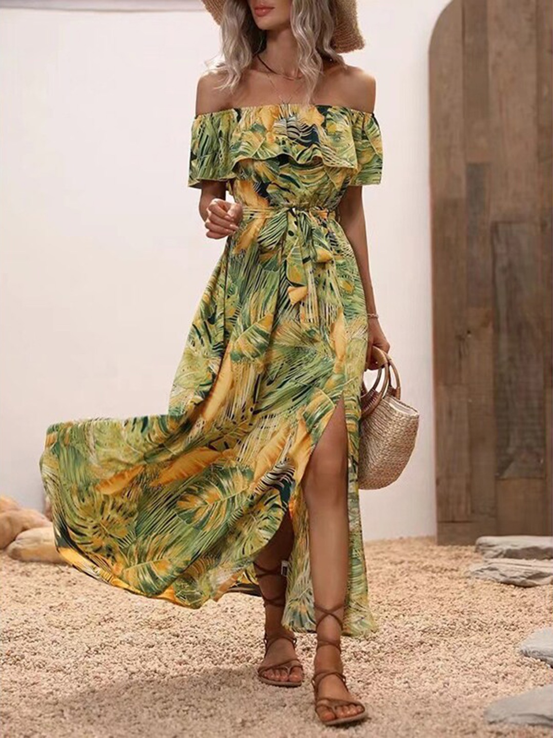 

StyleCast Yellow Tropical Printed Off-Shoulder Fit & Flare Dress