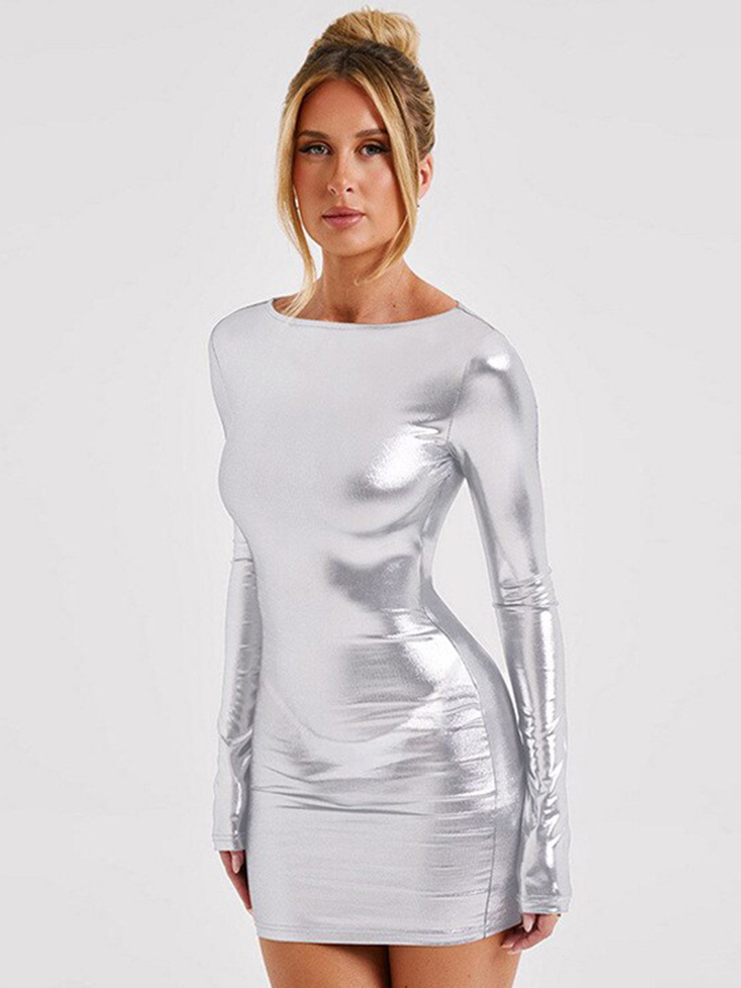 

StyleCast Silver-Coloured Boat Neck Sheen Long Sleeves Bodycon Mini Dress