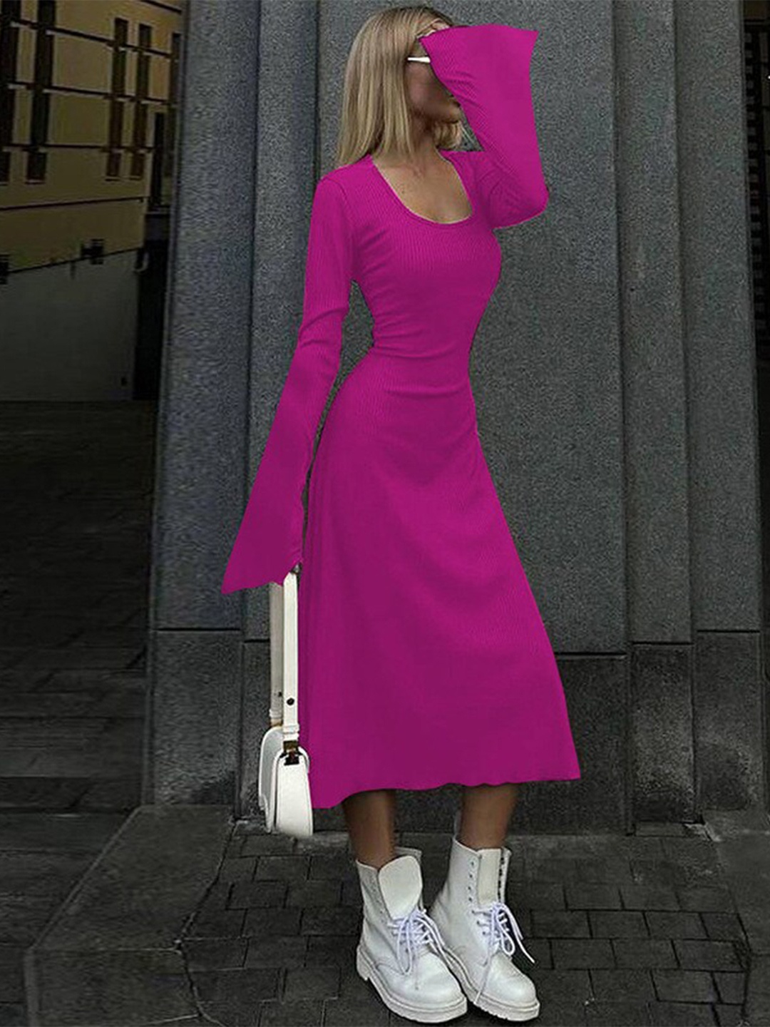 

StyleCast Fuchsia Ribbed Bell Sleeve Fit & Flare Maxi Dress