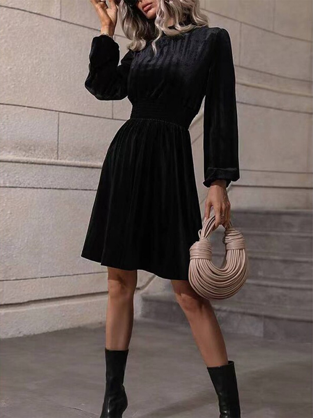 

StyleCast Black Self Design Puff Sleeves Fit & Flare Dress