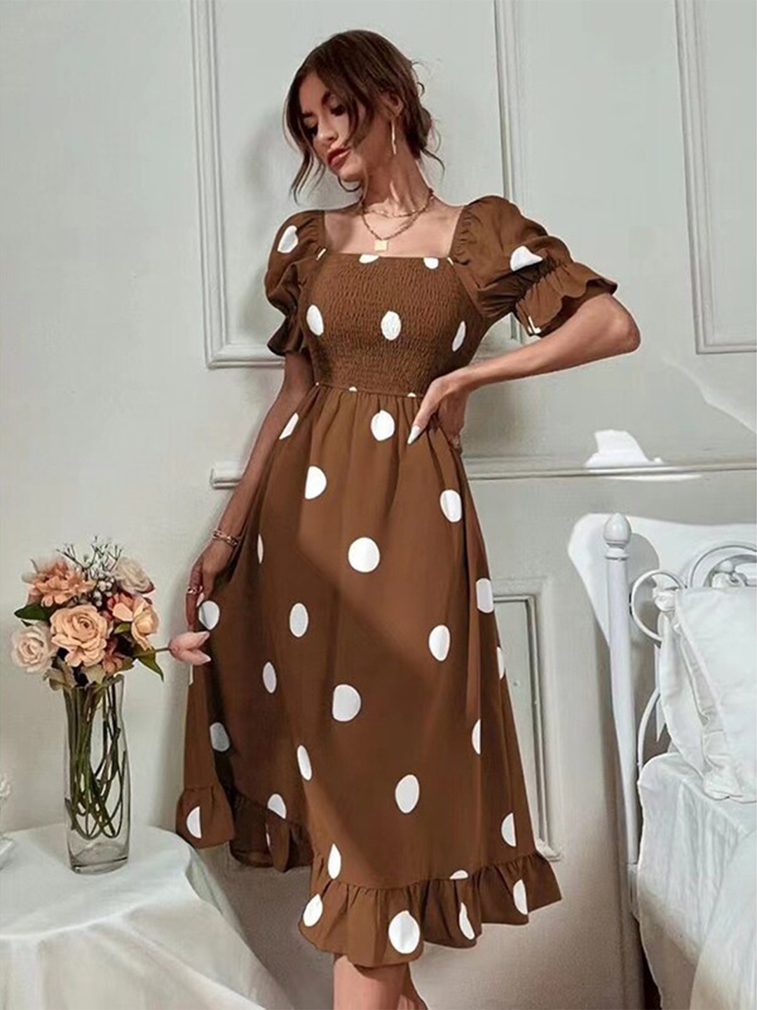 

StyleCast Brown Polka Dot Printed A-Line Midi Dress