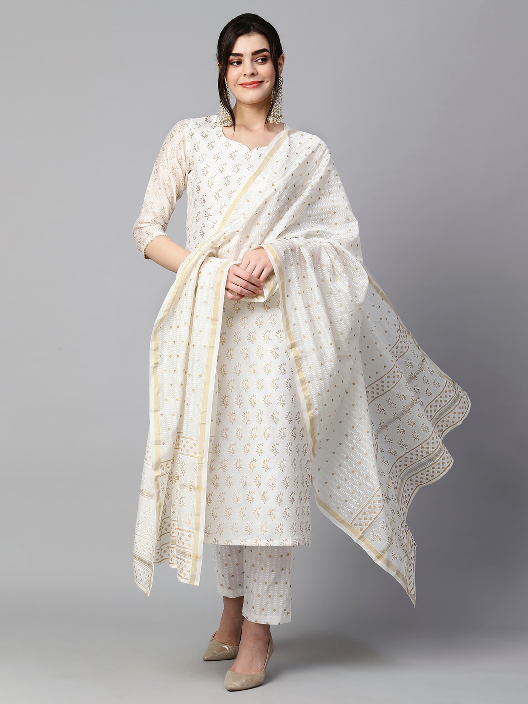 

KALINI Ethnic Motifs Printed Regular Kurta With Trousers & Dupatta, Cream