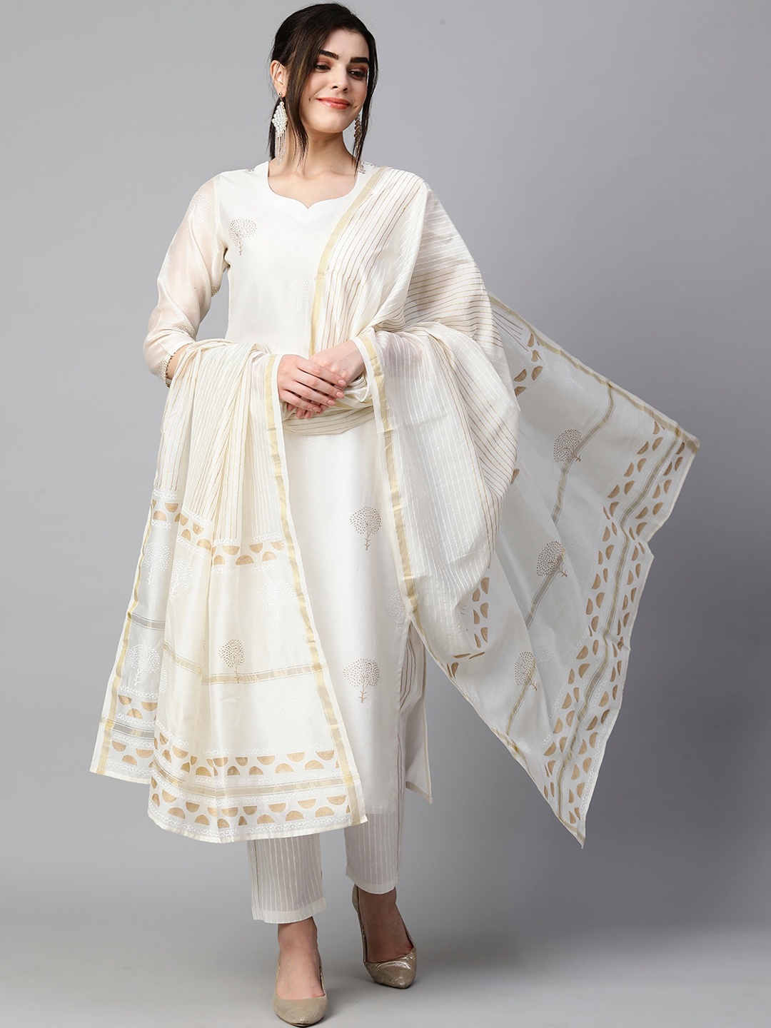 

KALINI Floral Printed Sweetheart Neck Straight Kurta With Trousers & Dupatta, Cream