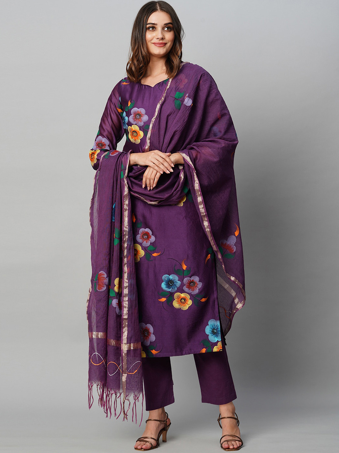 

KALINI Floral Printed Sweetheart Neck Straight Kurta With Trousers & Dupatta, Violet