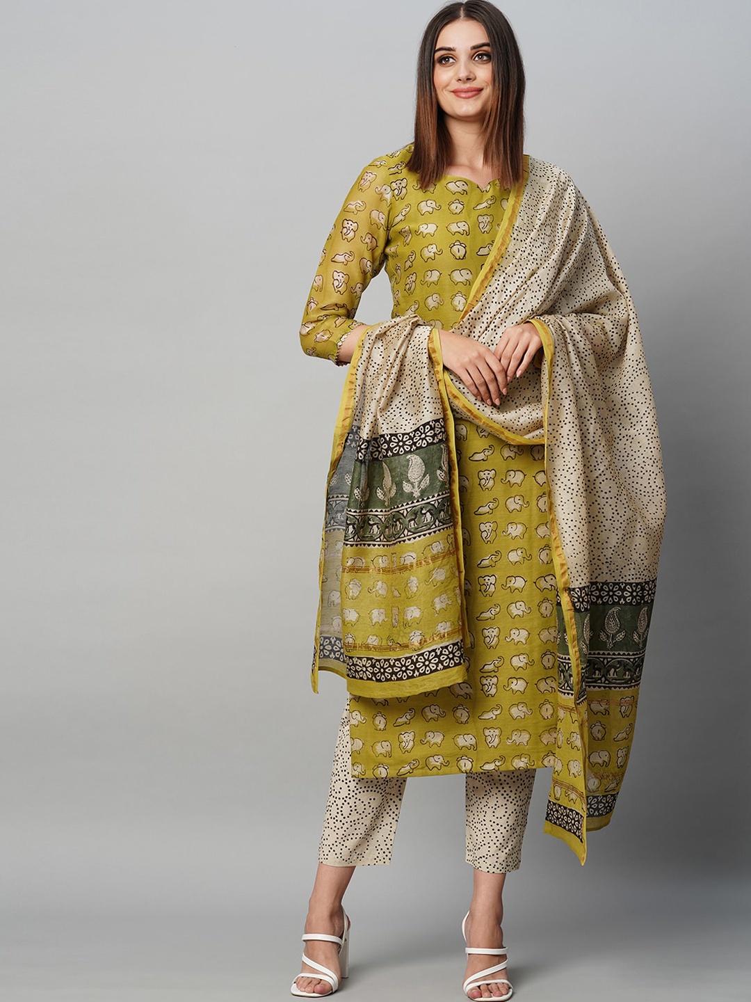 

KALINI Ethnic Motifs Printed Straight Kurta & Trousers With Dupatta, Green