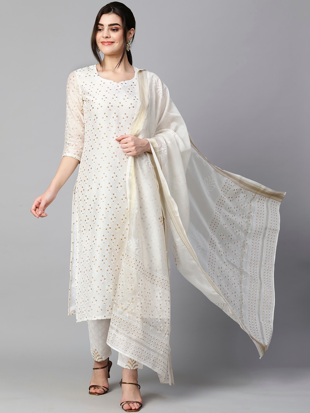 

KALINI Floral Printed Sweetheart Neck Straight Kurta With Trousers & Dupatta, Cream