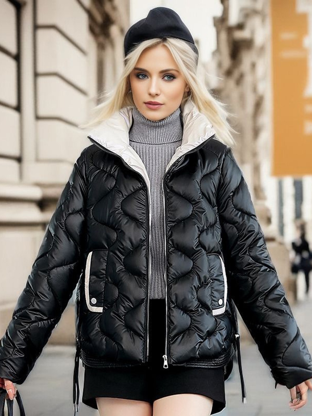 

StyleCast Black Self Design Mock Collar Insulator Puffer Jacket