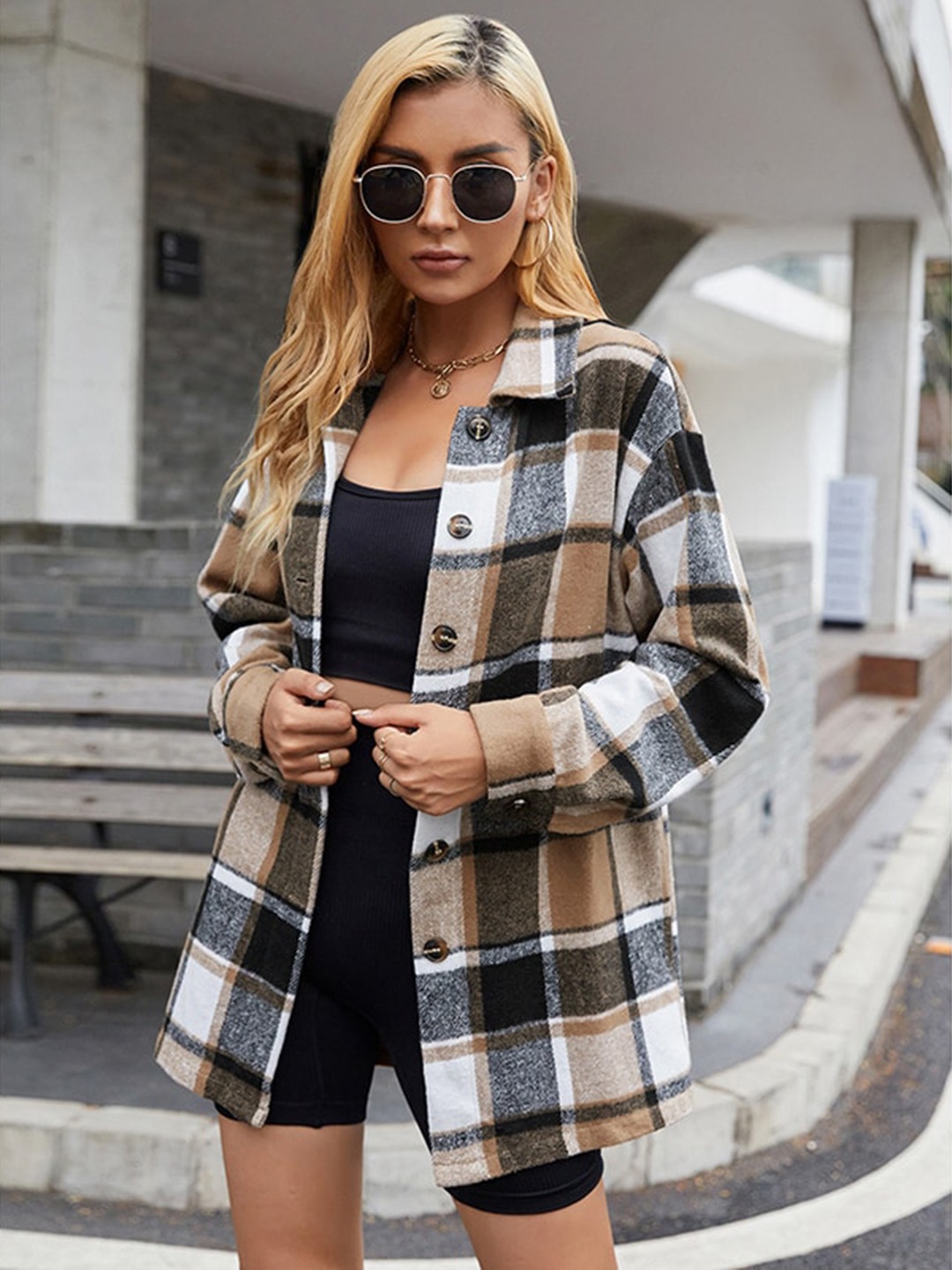 

StyleCast Brown Checked Longline Open Front Jacket