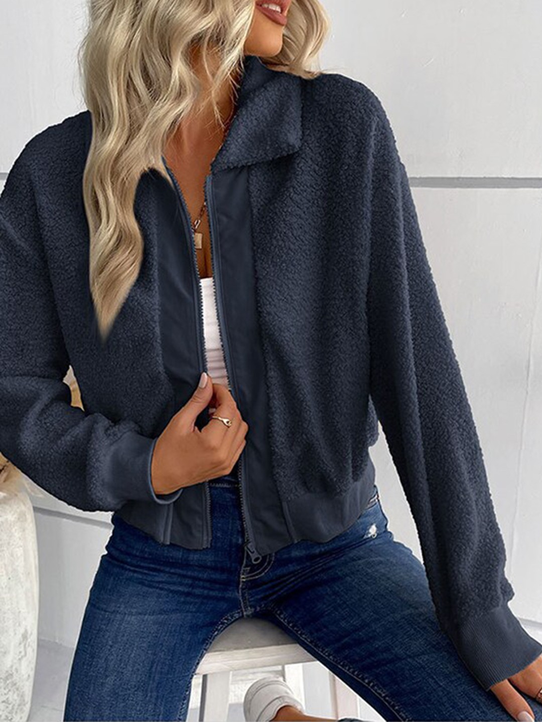 

StyleCast Navy Blue Faux Fur Trim Insulator Bomber Jacket