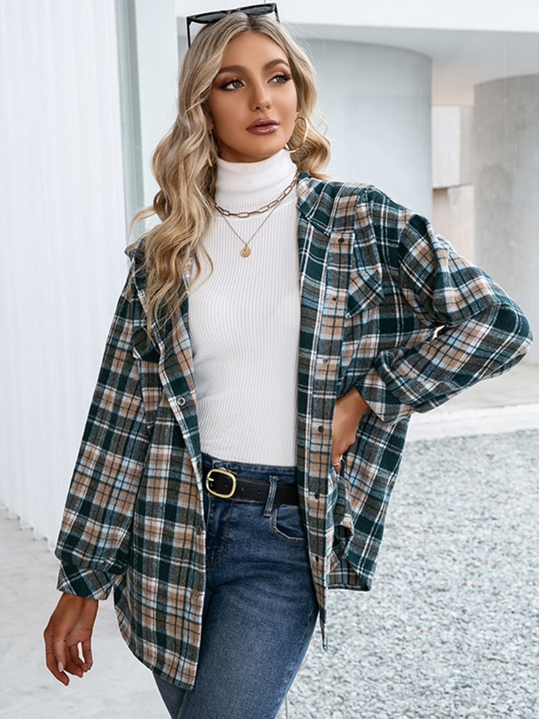 

StyleCast Green Checked Hooded Windcheater Longline Open Front Jacket