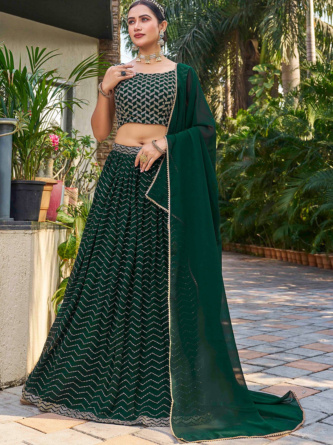 

CHANSI Embroidered Sequinned Ready to Wear Lehenga & Blouse With Dupatta, Green
