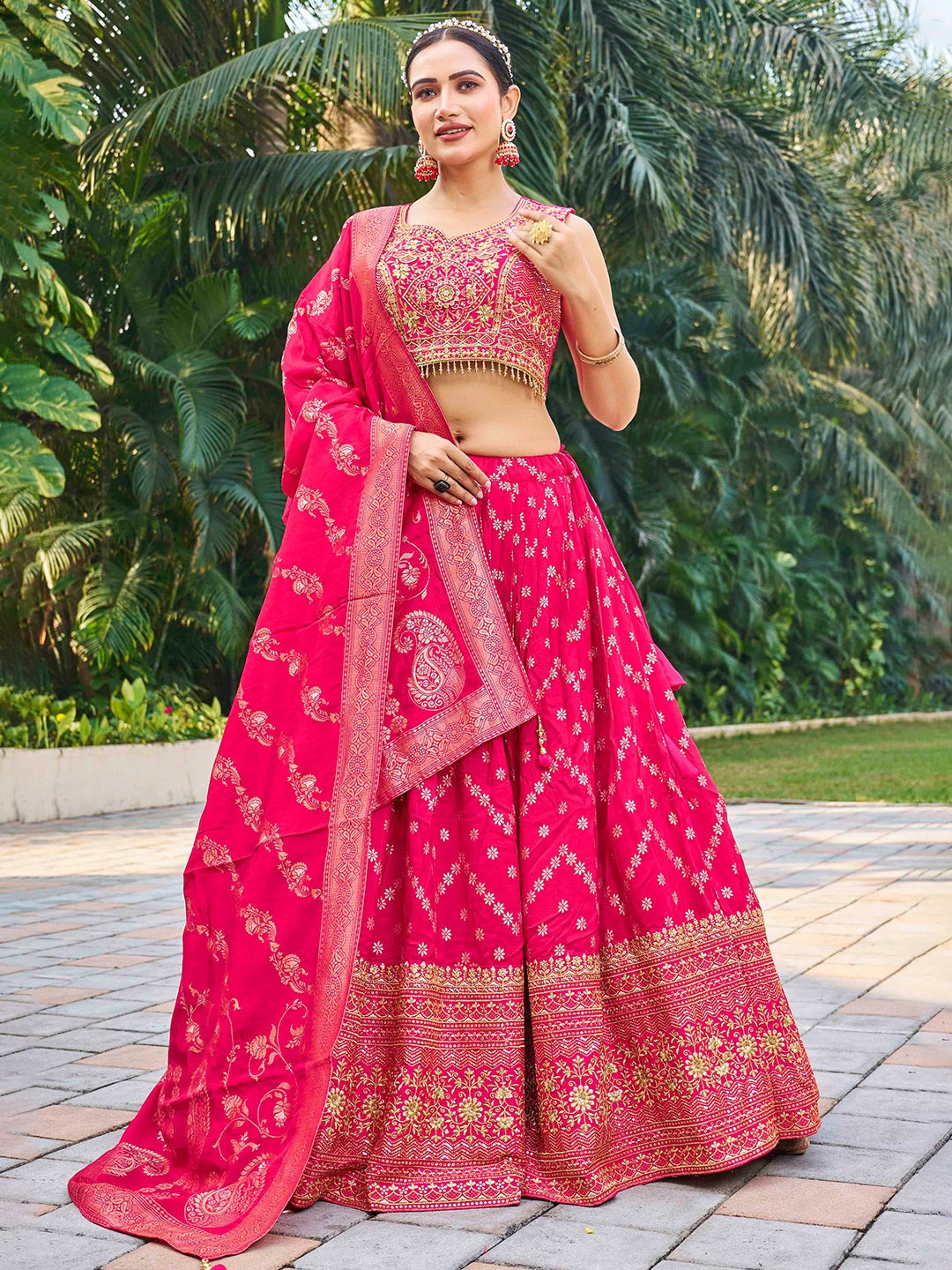 

CHANSI Embroidered Thread Work Ready to Wear Lehenga & Blouse With Dupatta, Pink